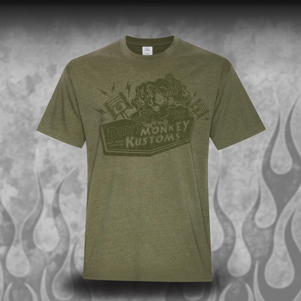 Dirty Monkey Kustoms GearHead tee on green