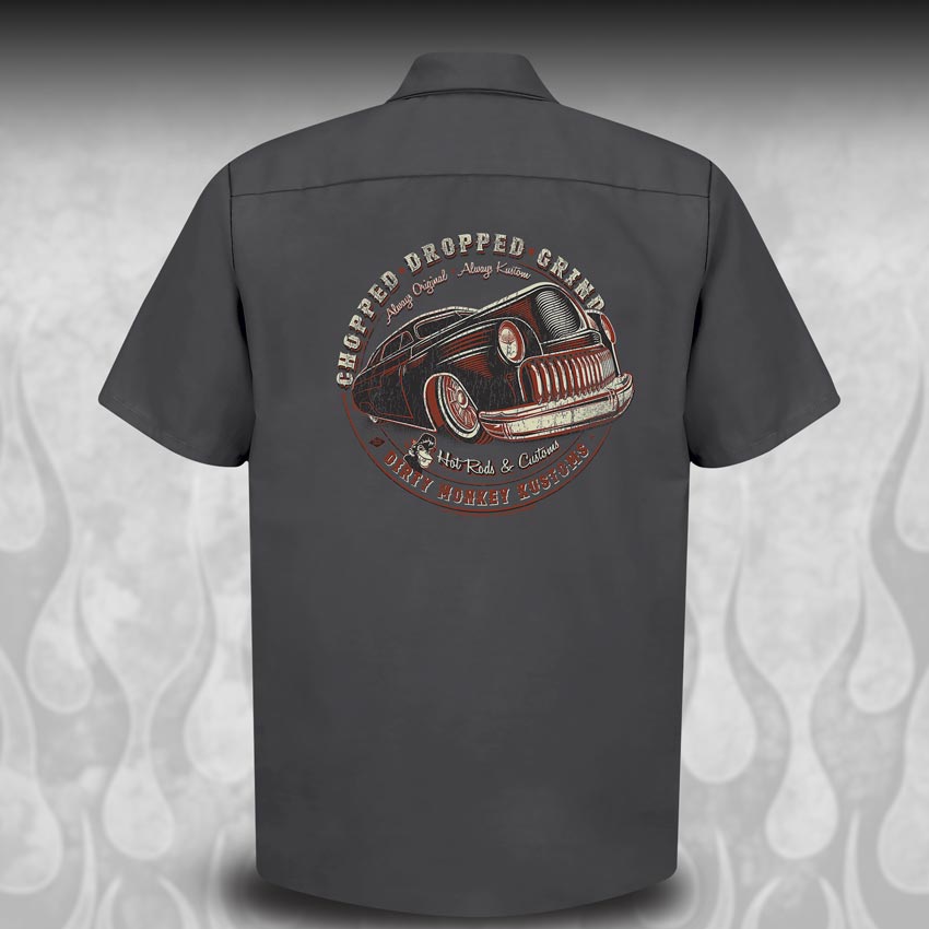 Chopped '49 Merc Hot Rod Mechanic Shirt - Dirty Monkey Kustoms CDN GearHead Apparel - Canada