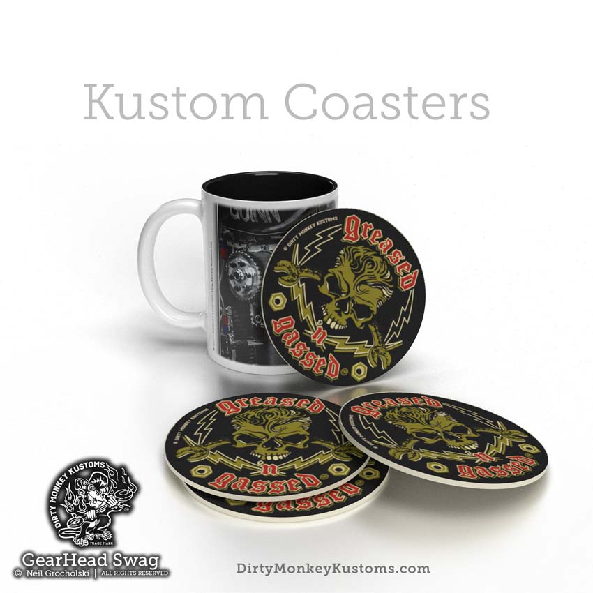 "Greased N Gassed" HotRod Rockabilly Drink Coasters - Dirty Monkey Kustoms CDN GearHead Apparel - Canada