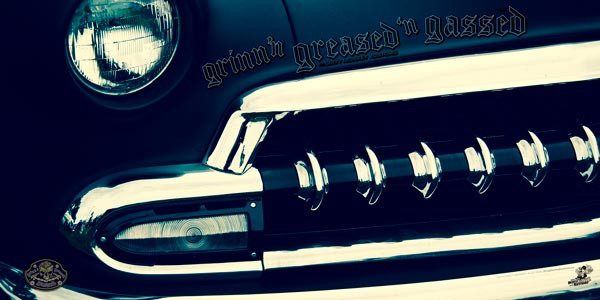 Kustom " '54 Chev Blue Boy" original Hot Rod photo garage art banner - Dirty Monkey Kustoms CDN GearHead Apparel - Canada