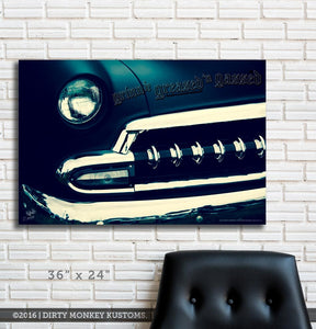 Kustom " '54 Chev Blue Boy" original Hot Rod photo garage art banner - Dirty Monkey Kustoms CDN GearHead Apparel - Canada