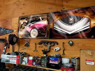 Kustom "Flamed Merc" original Hot Rod photo garage banner - Dirty Monkey Kustoms CDN GearHead Apparel - Canada