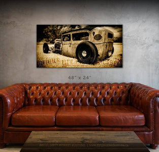 "Low Boy" original Rat Rod '29 Ford photo garage art banner - Dirty Monkey Kustoms CDN GearHead Apparel - Canada