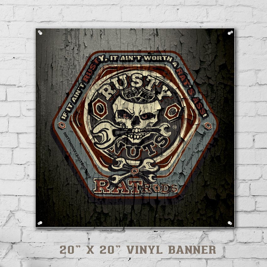 "RUSTY NUTS RAT RODS" garage sign print - Dirty Monkey Kustoms Canadian GearHead Shirts & Apparel - Canada