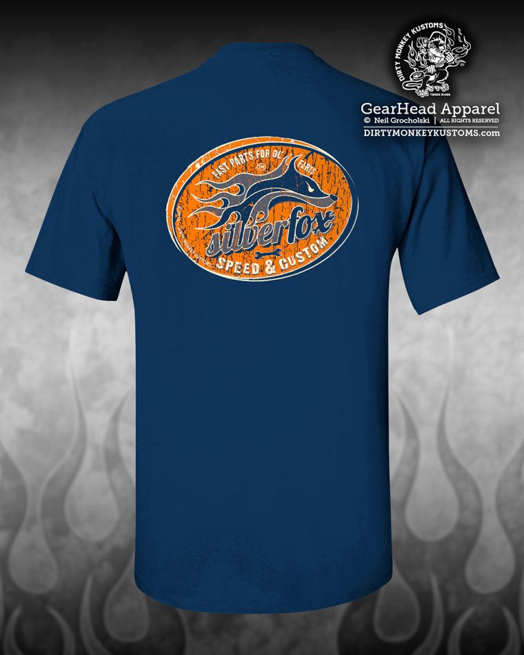 "Silver Fox" Speed & Custom t shirt. Blue / Retro Orange - Dirty Monkey Kustoms CDN GearHead Apparel - Canada