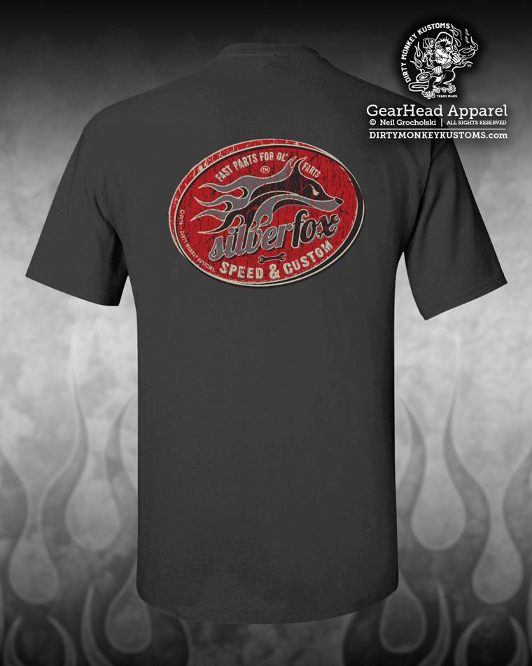 "Silver Fox" Speed & Custom t shirt. Charcoal / Vintage Red - Dirty Monkey Kustoms CDN GearHead Apparel - Canada